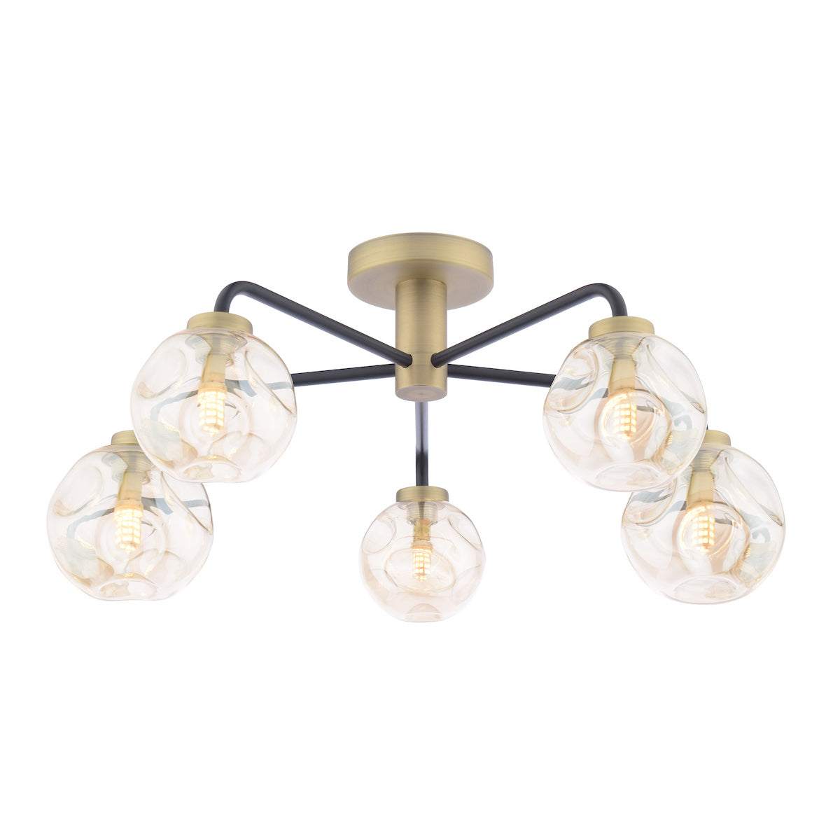Dar Lainey 5 Light Semi-Flush Matt Black and Antique Brass With Closed Organic Amber Glass