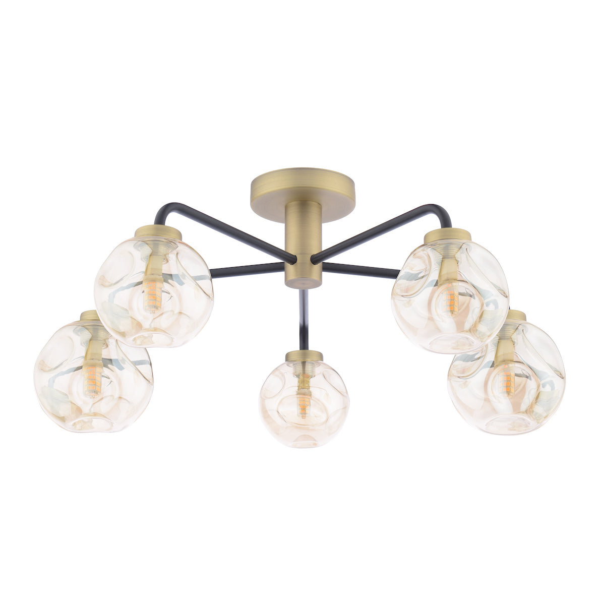 Dar Lainey 5 Light Semi-Flush Matt Black and Antique Brass With Closed Organic Amber Glass