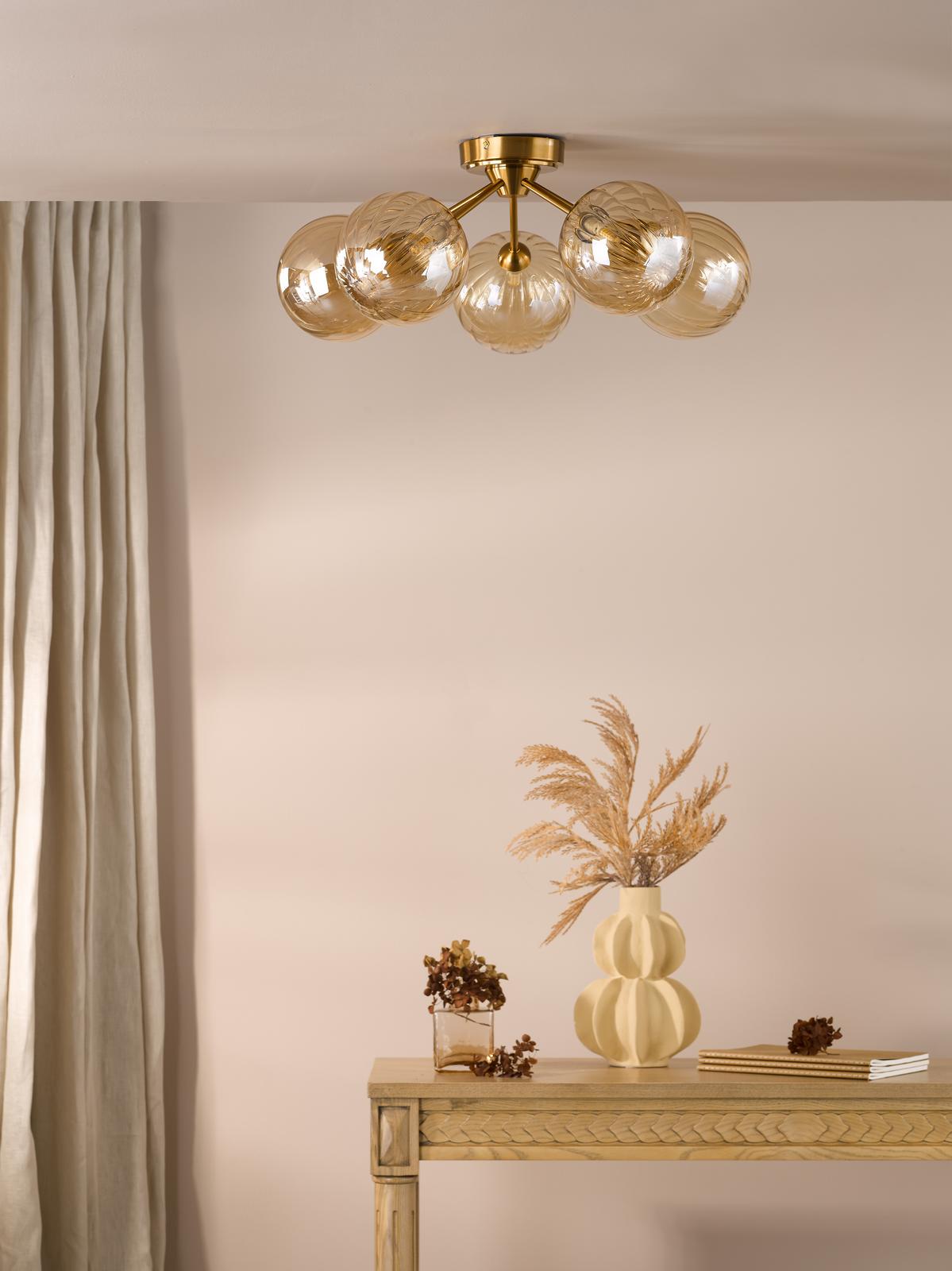 Dar Liora 5 Light Semi-Flush Antique Gold and Amber Ribbed Glass