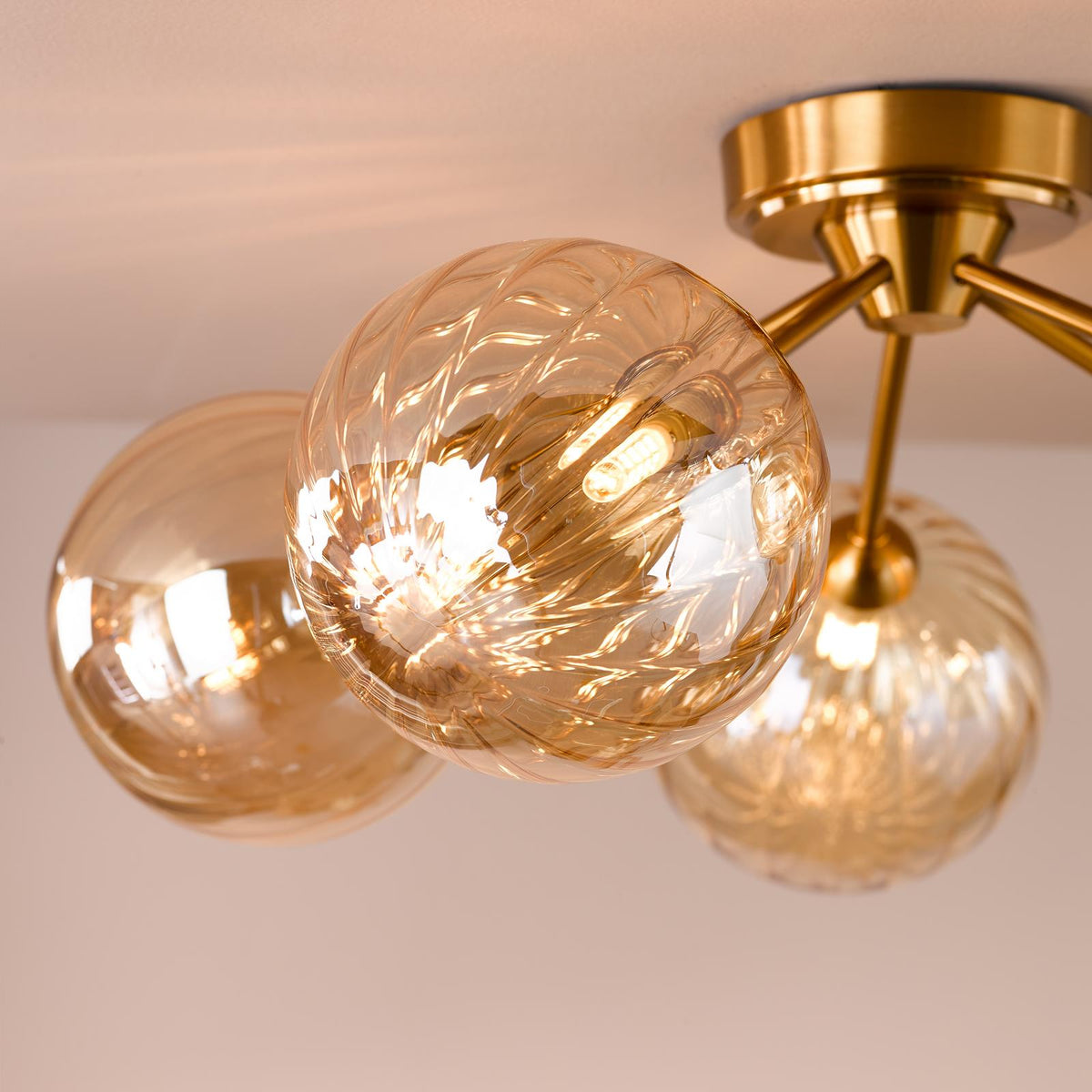 Dar Liora 5 Light Semi-Flush Antique Gold and Amber Ribbed Glass