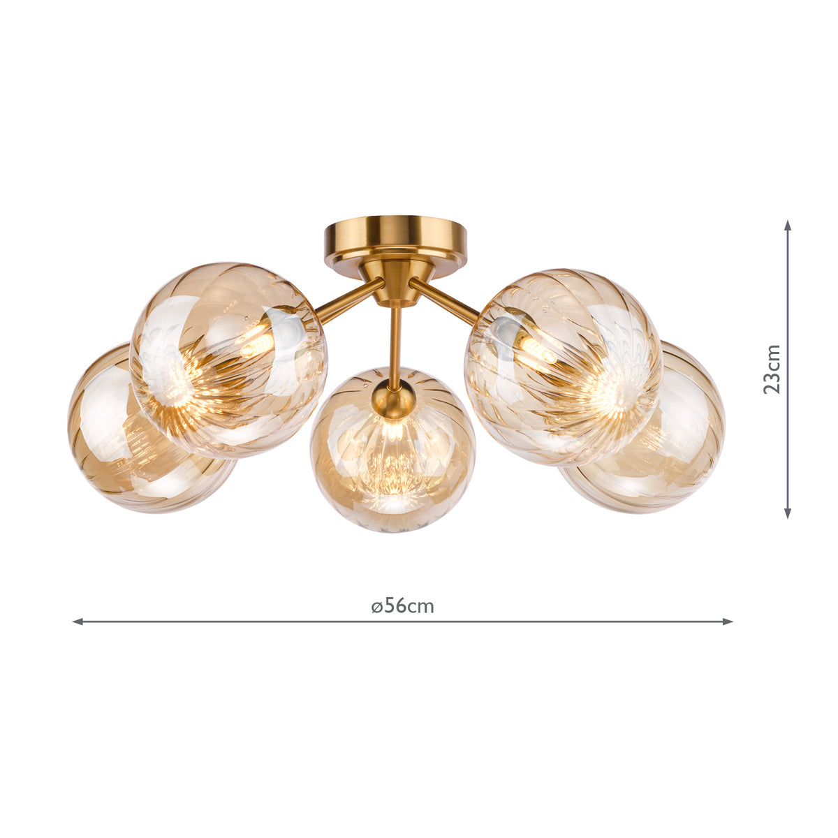 Dar Liora 5 Light Semi-Flush Antique Gold and Amber Ribbed Glass
