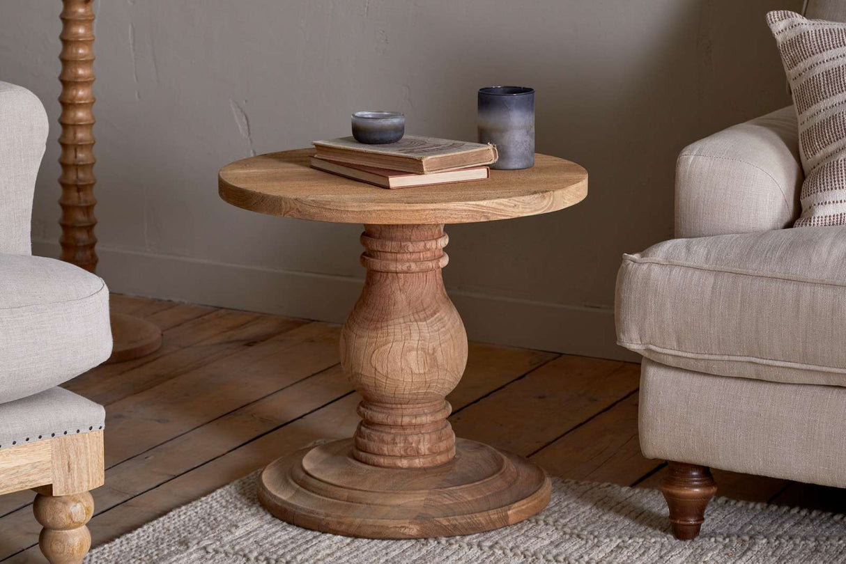 Nkuku Laya Round Carved Mango Wood Side Table Natural
