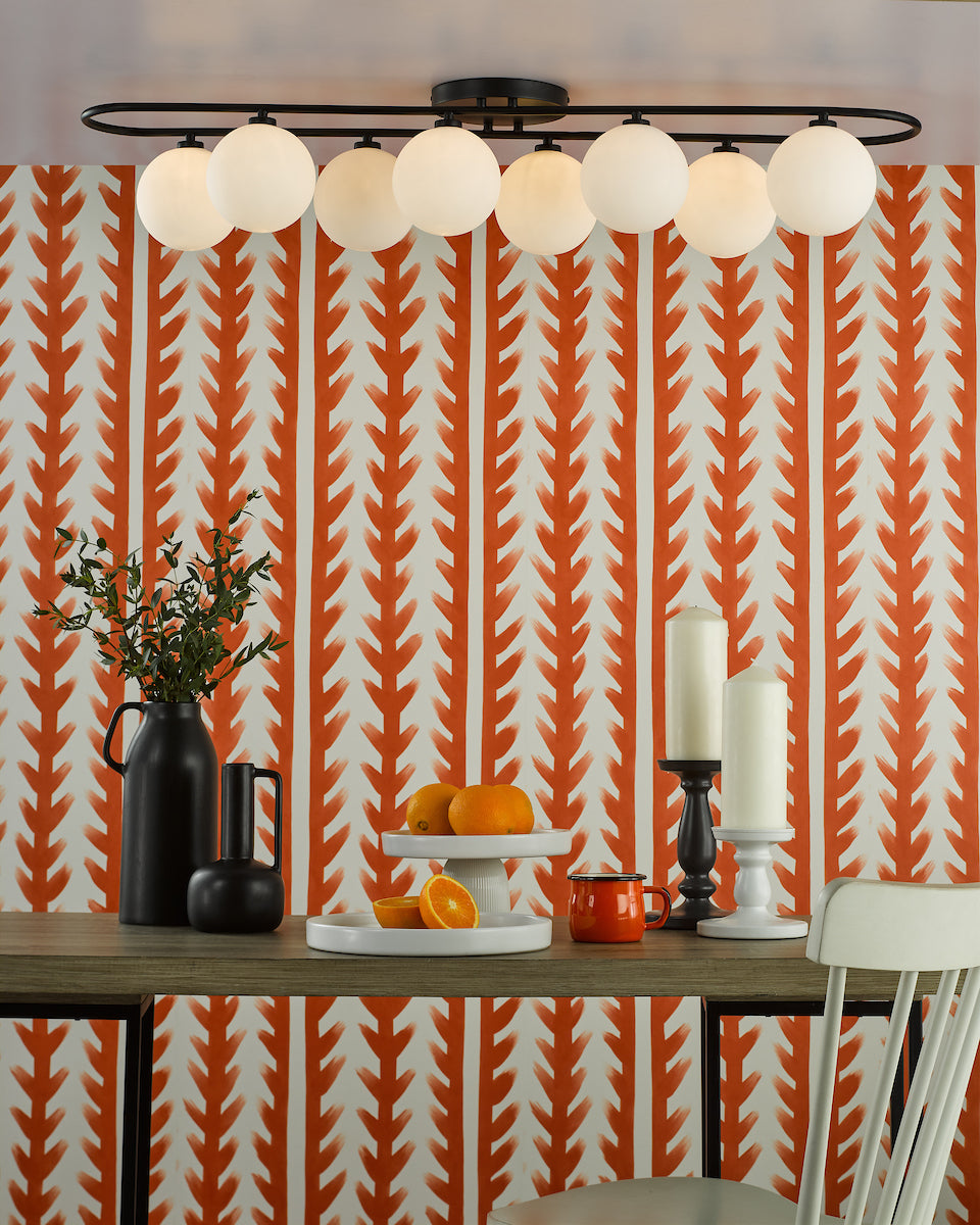 Dar Luana 8 Light Semi-Flush Matt Black and Opal Glass