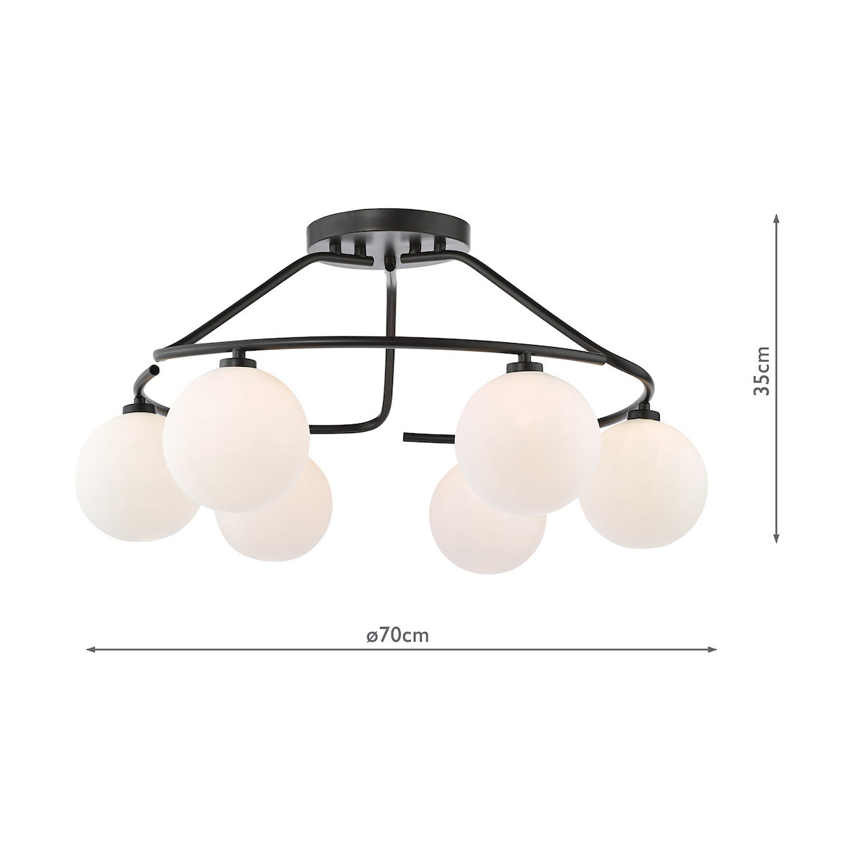 Dar Luana 6 Light Semi-Flush Matt Black and Opal Glass