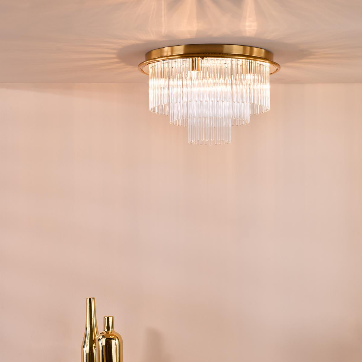 Dar Lukas 6 Light Flush Antique Gold and Glass
