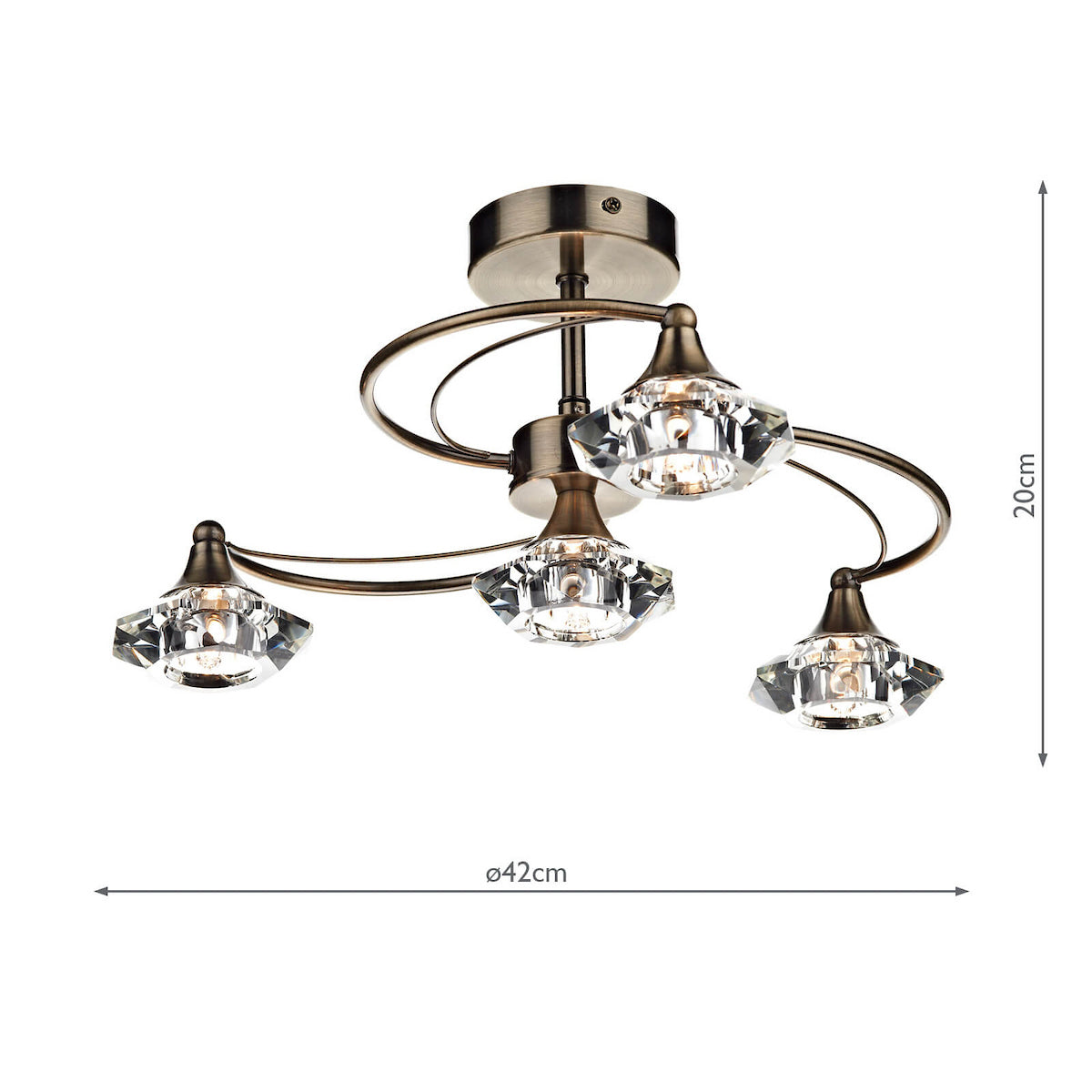 Dar Luther 4 Light Semi Flush Antique Brass Crystal