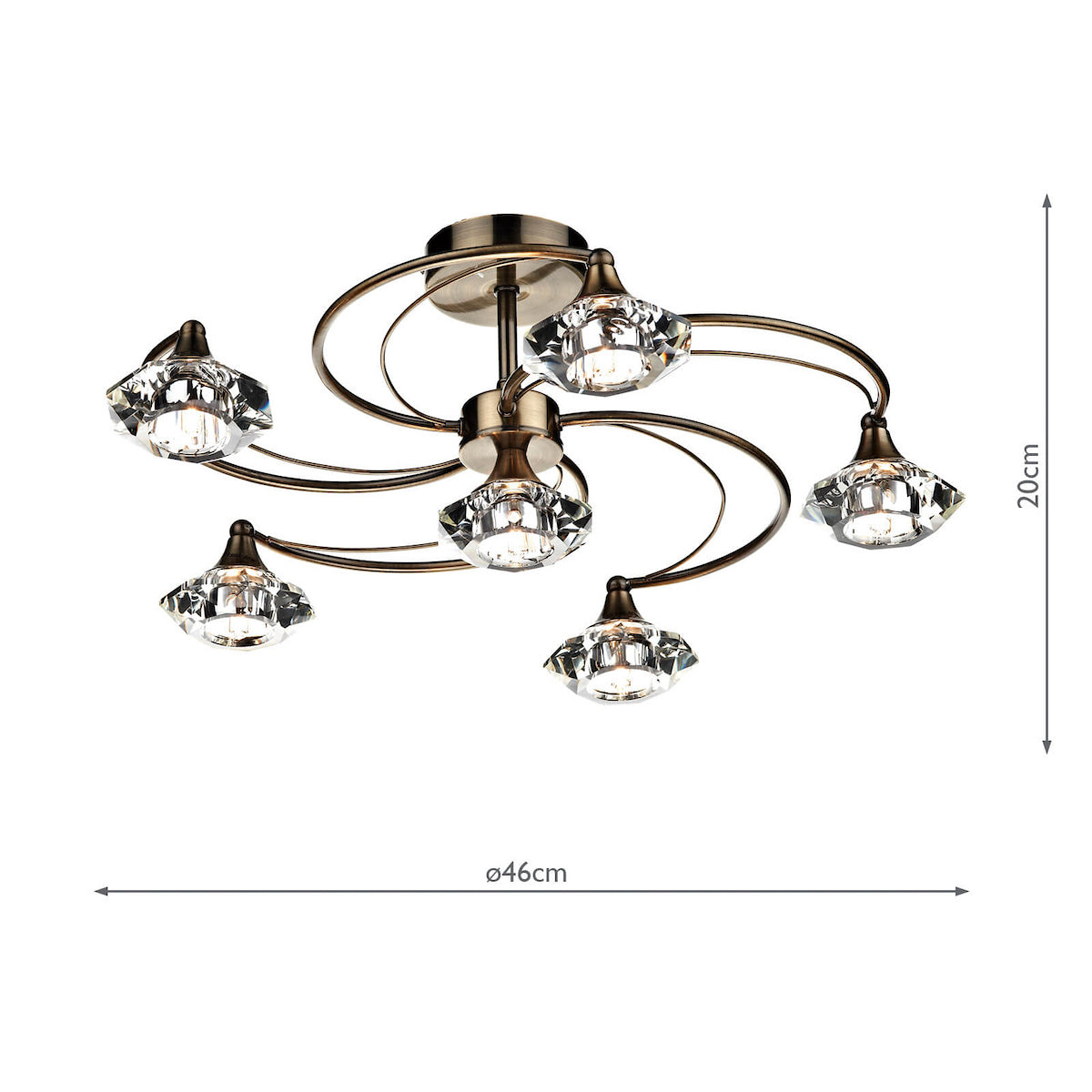 Dar Luther 6 Light Semi Flush Antique Brass Crystal