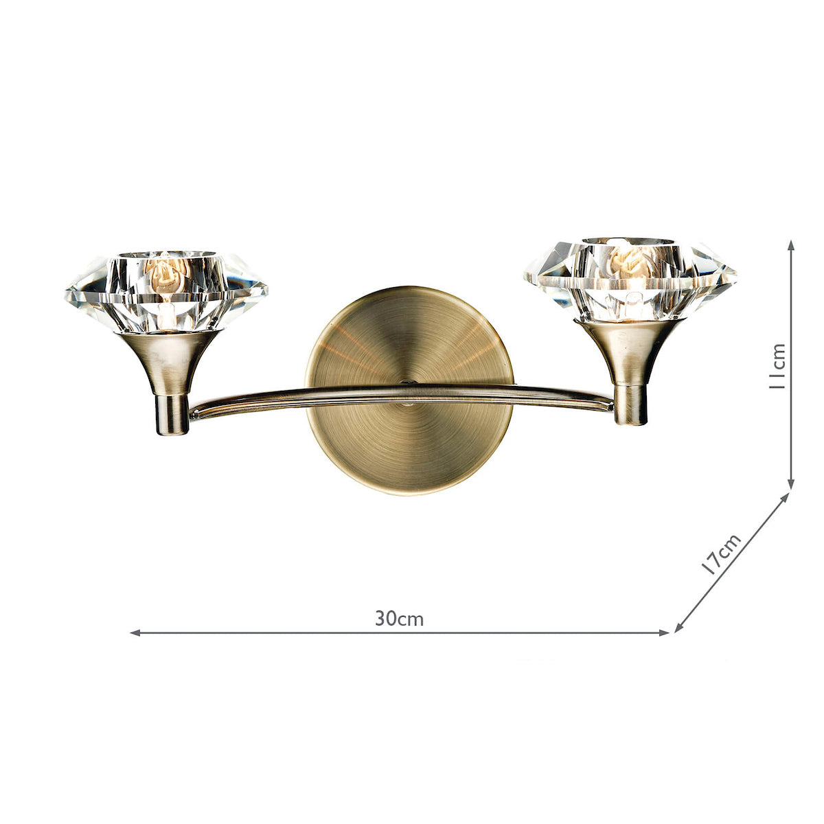Dar Luther 2 Light Wall Light Antique Brass Crystal