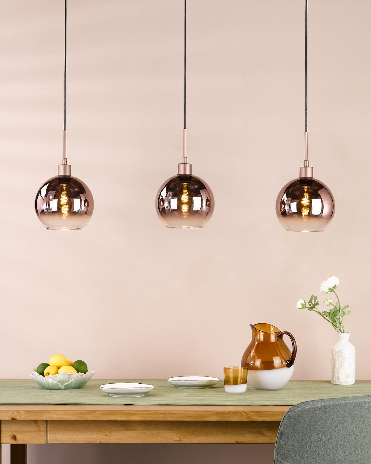 Dar Lycia 3 Light Bar Pendant Satin Bronze and Bronze Ombre Glass