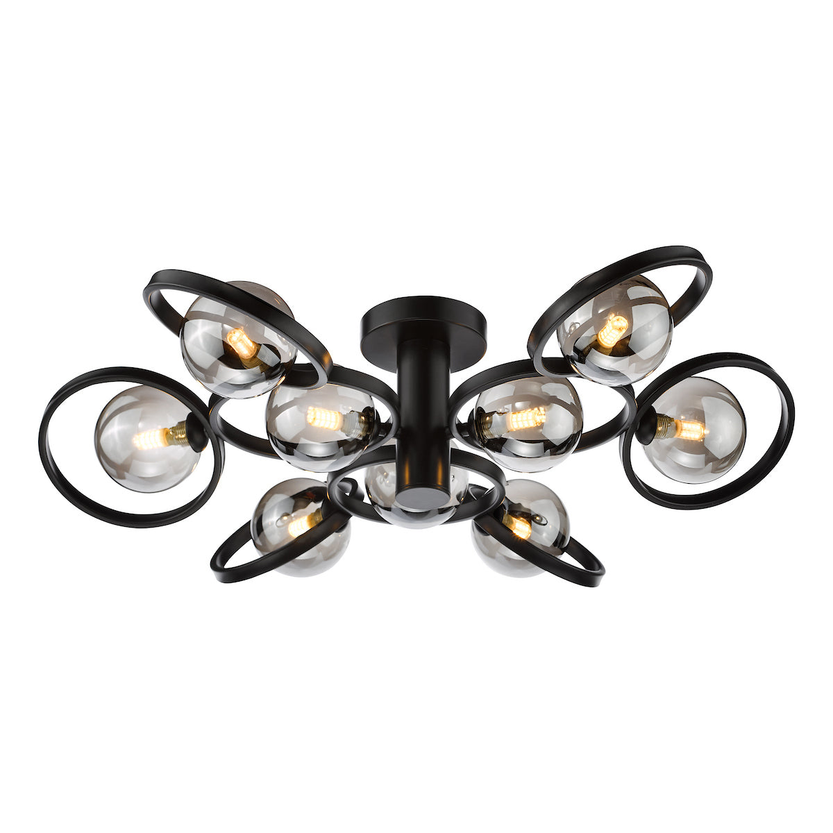 Dar Lynette 9 Light Semi-Flush Satin Black and Smoked Glass