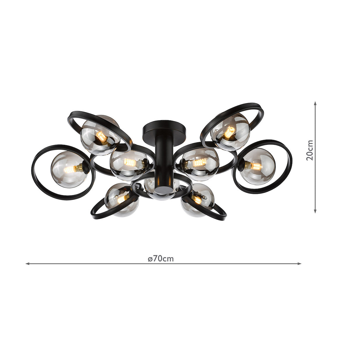 Dar Lynette 9 Light Semi-Flush Satin Black and Smoked Glass
