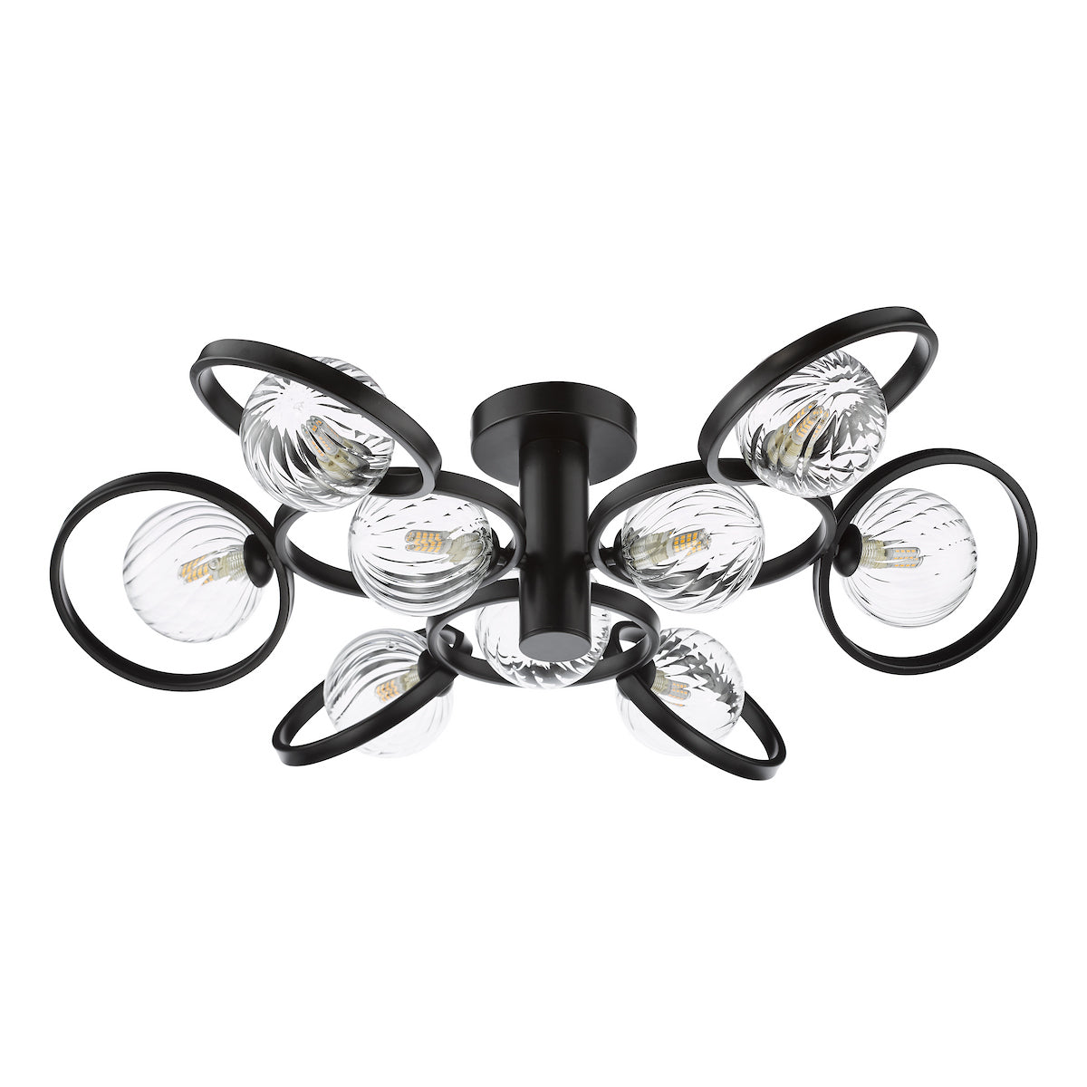 Dar Lynette 9 Light Semi-Flush Satin Black and Twisted Glass