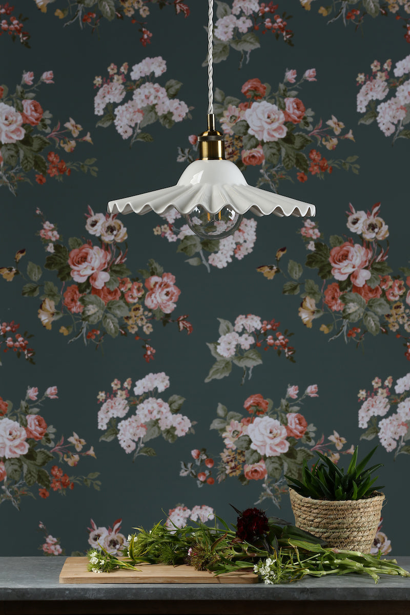 Laura Ashley Beca Large Pendant White Ceramic Antique Brass – from Amos Lighting + Home