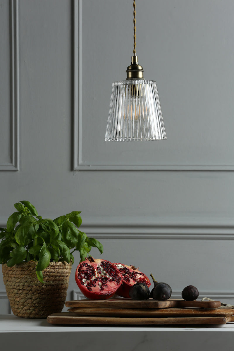 Laura Ashley Callaghan Small Pendant Antique Brass Ribbed Glass – from Amos Lighting + Home