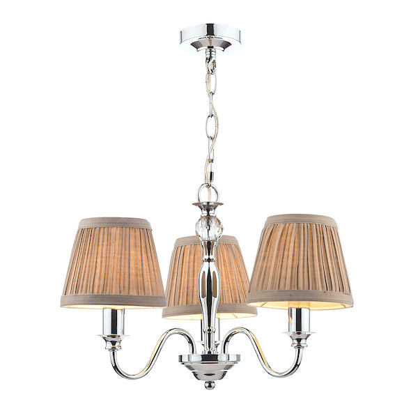 Laura Ashley Ellis 3 Light Chandelier Polished Chrome with Grey Shades – from Amos Lighting + Home