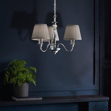 Laura Ashley Ellis 3 Light Chandelier Polished Chrome with Grey Shades – from Amos Lighting + Home