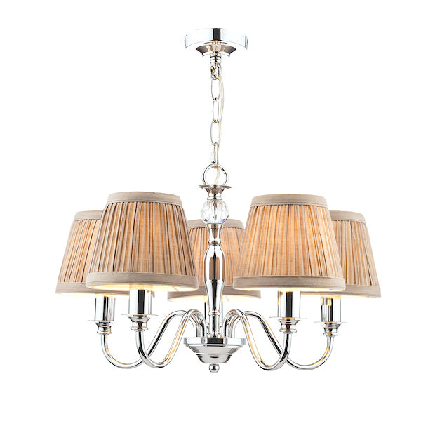 Laura Ashley Ellis 5 Light Chandelier Polished Chrome with Grey Shades – from Amos Lighting + Home