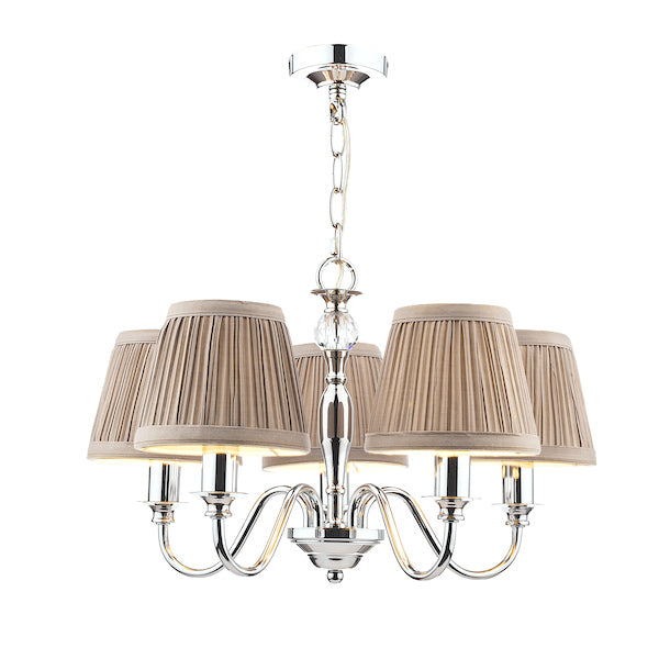 Laura Ashley Ellis 5 Light Chandelier Polished Chrome with Grey Shades – from Amos Lighting + Home