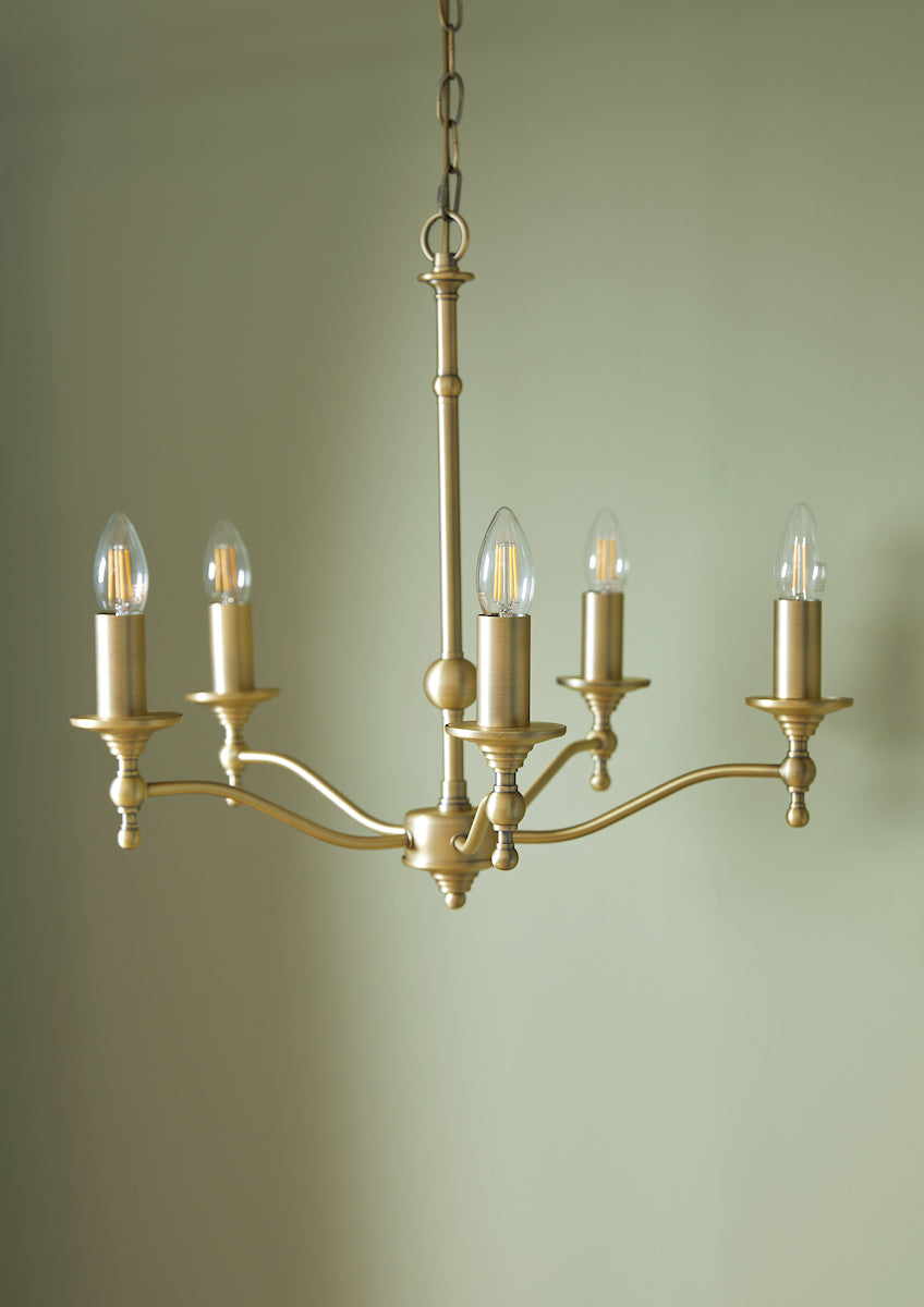 Laura Ashley Ludchurch 5 Light Armed Pendant Matt Antique Brass – from Amos Lighting + Home