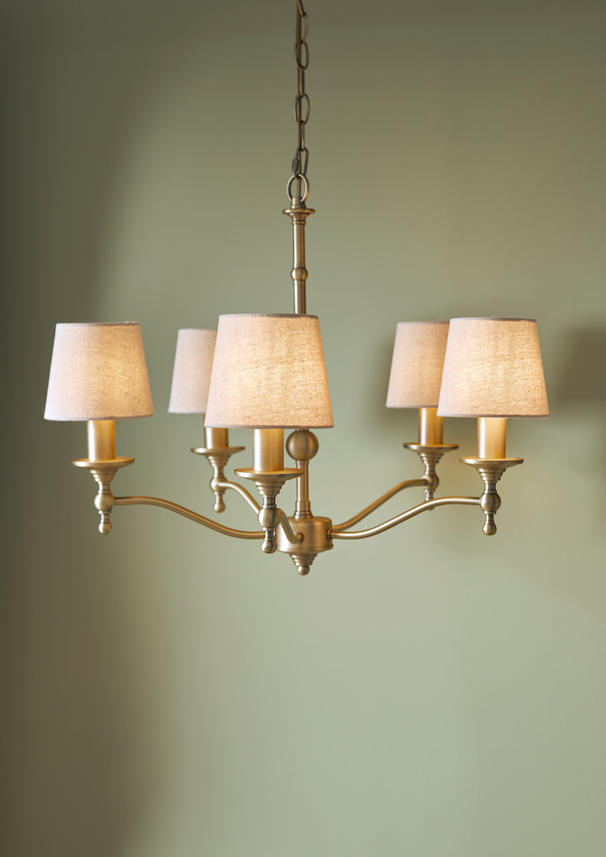 Laura Ashley Ludchurch 5 Light Armed Pendant Matt Antique Brass – from Amos Lighting + Home