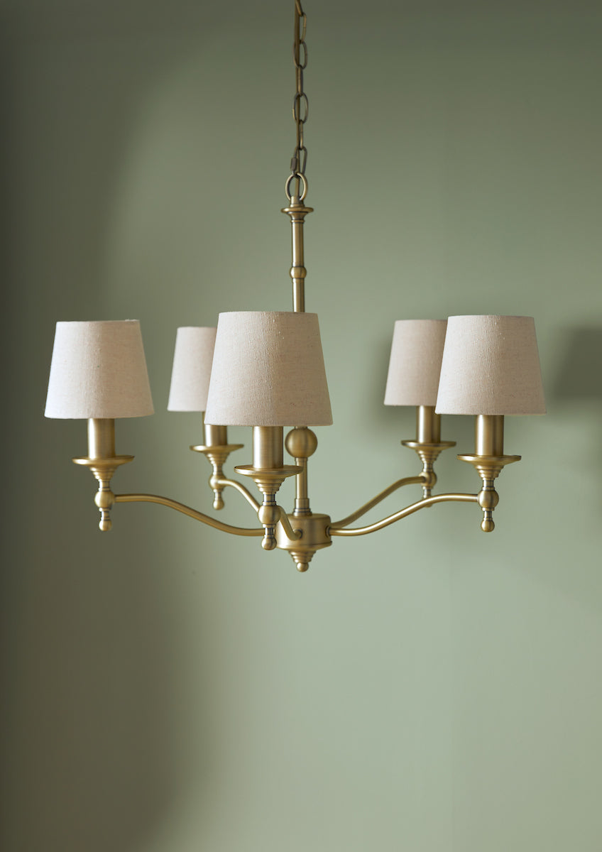 Laura Ashley Ludchurch 5 Light Armed Pendant Matt Antique Brass – from Amos Lighting + Home