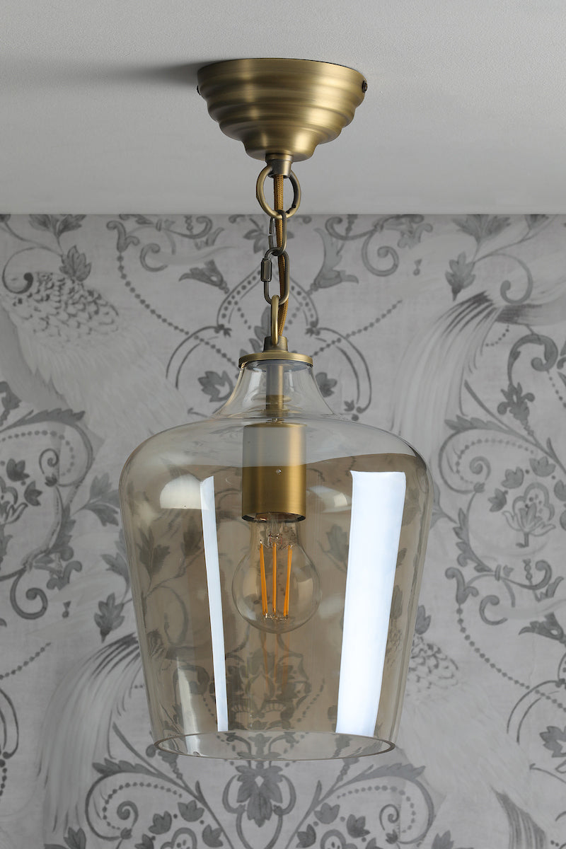 Laura Ashley Ockley Single Pendant Antique Brass and Champagne Glass – from Amos Lighting + Home