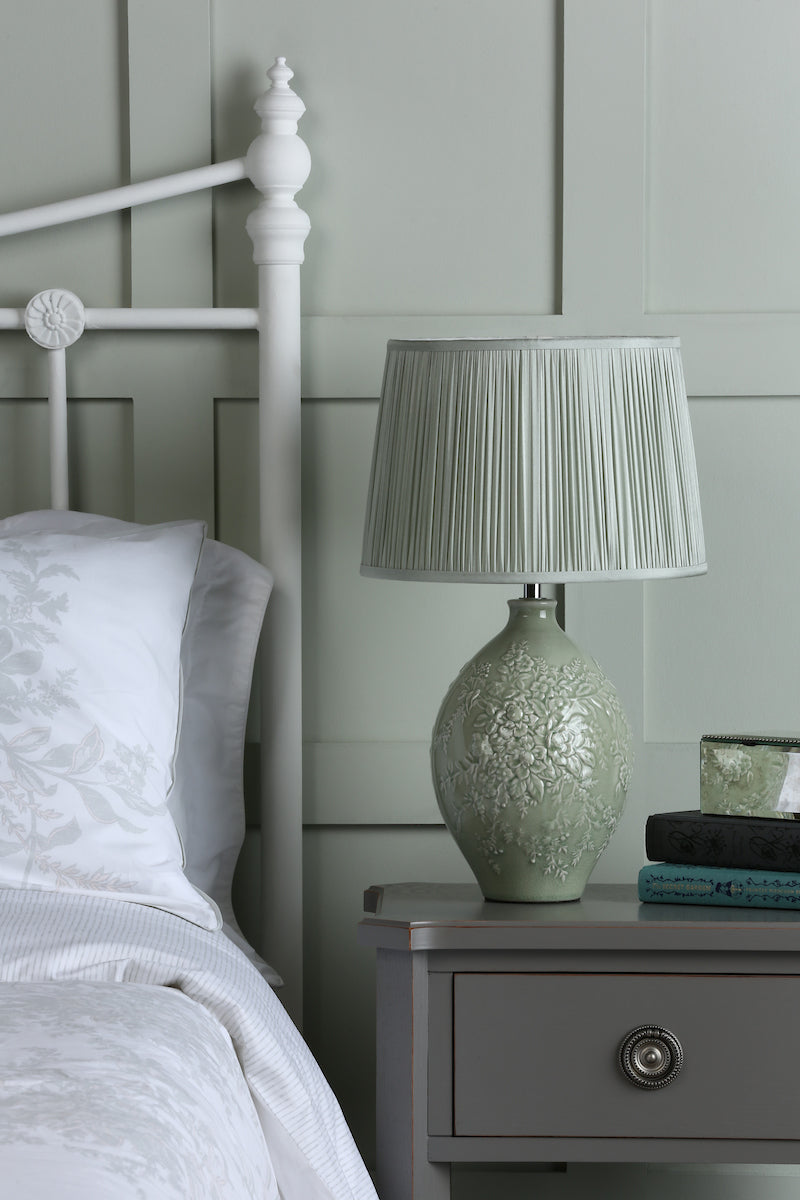 Laura Ashley Picardie Ceramic Table Lamp Green Polished Chrome Base – from Amos Lighting + Home