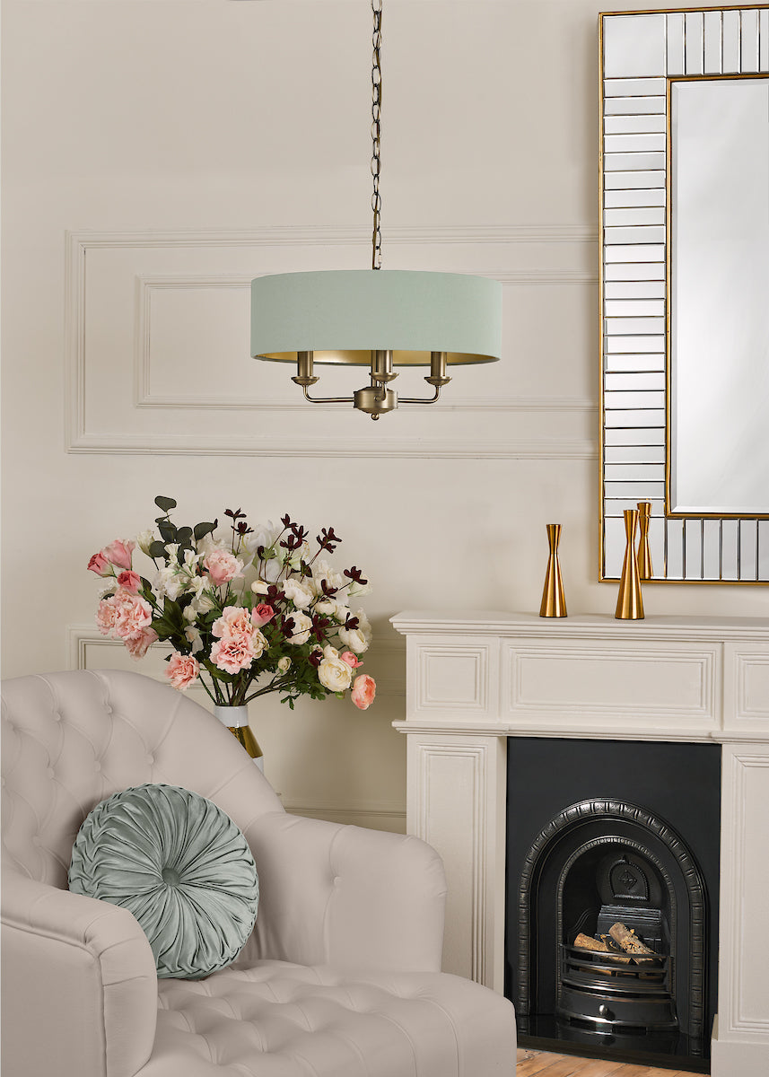 Laura Ashley Sorrento 3 Light Chandelier Matt Antique Brass and Green With Shade – from Amos Lighting + Home