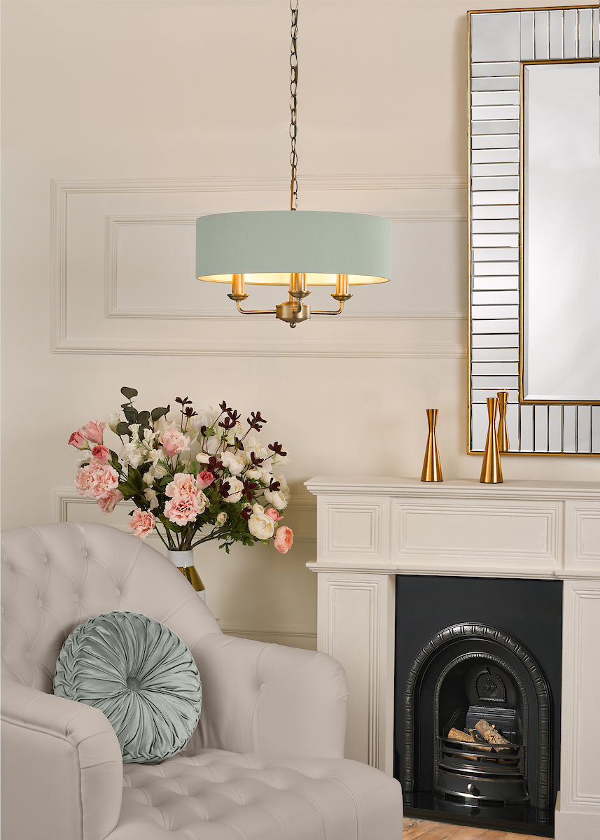 Laura Ashley Sorrento 3 Light Chandelier Matt Antique Brass and Green With Shade – from Amos Lighting + Home