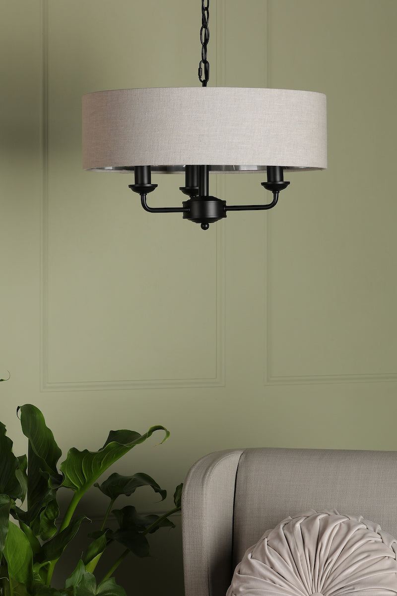 Laura Ashley Sorrento 3 Light Chandelier Matt Black and Natural With Shade – from Amos Lighting + Home