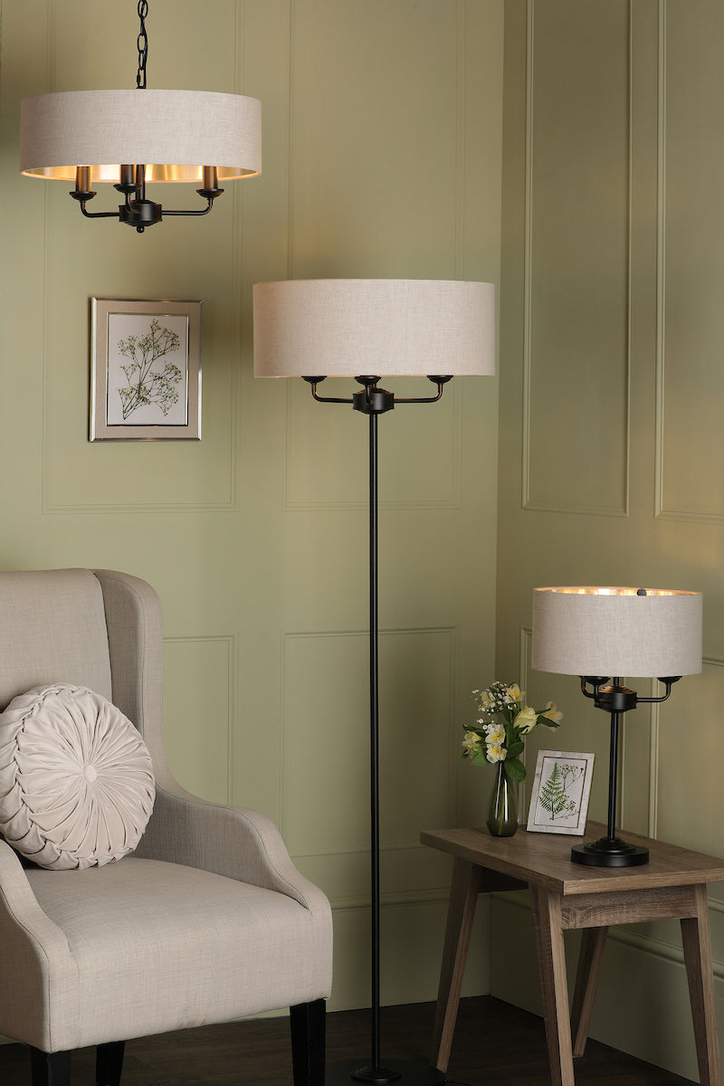 Laura Ashley Sorrento 3 Light Chandelier Matt Black and Natural With Shade – from Amos Lighting + Home
