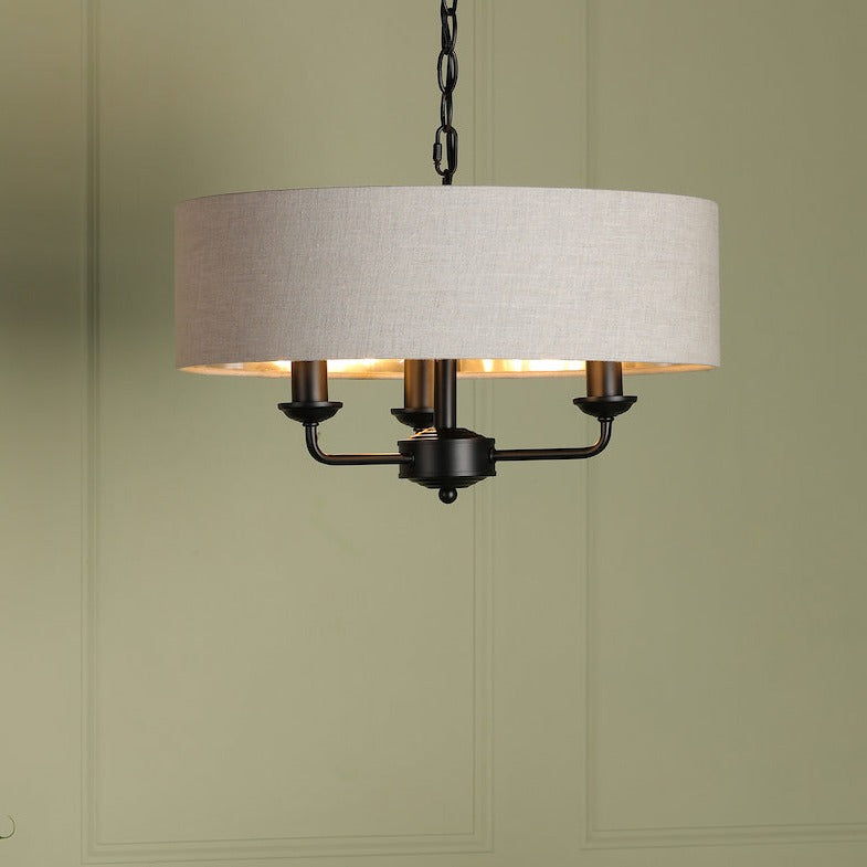 Laura Ashley Sorrento 3 Light Chandelier Matt Black and Natural With Shade – from Amos Lighting + Home