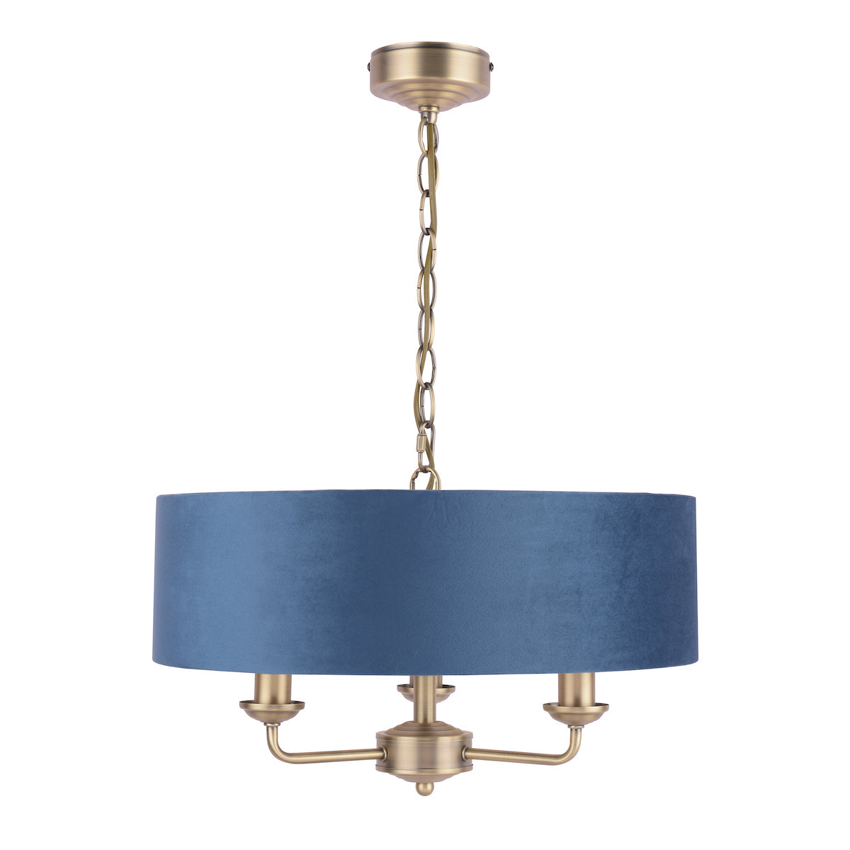 Laura Ashley Sorrento 3lt Pendant, Antique Brass & Blue Velvet – from Amos Lighting + Home