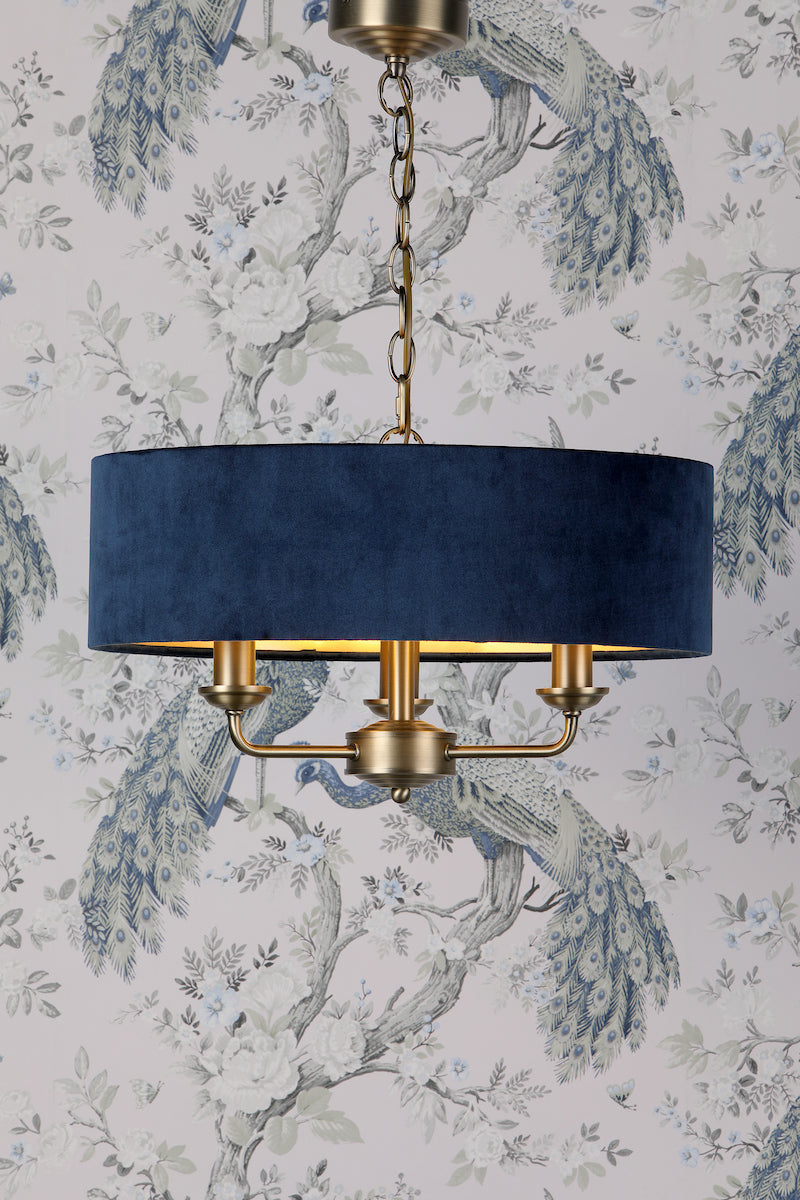 Laura Ashley Sorrento 3lt Pendant, Antique Brass & Blue Velvet – from Amos Lighting + Home