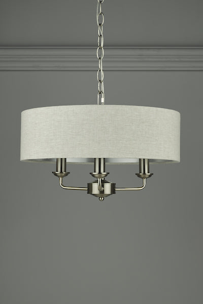 Laura Ashley Sorrento 3lt Pendant Satin Nickel with Natural Shade – from Amos Lighting + Home