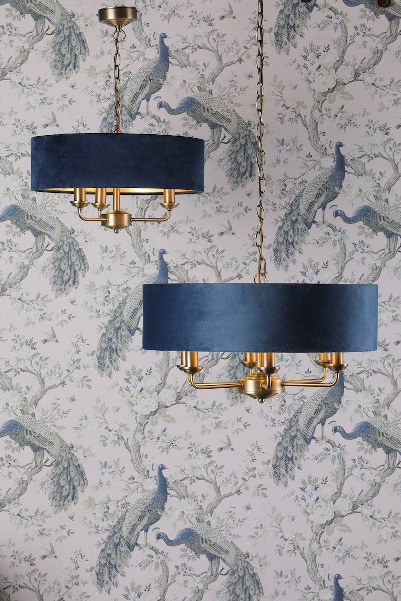 Laura Ashley Sorrento 6lt Pendant, Antique Brass & Blue Velvet – from Amos Lighting + Home
