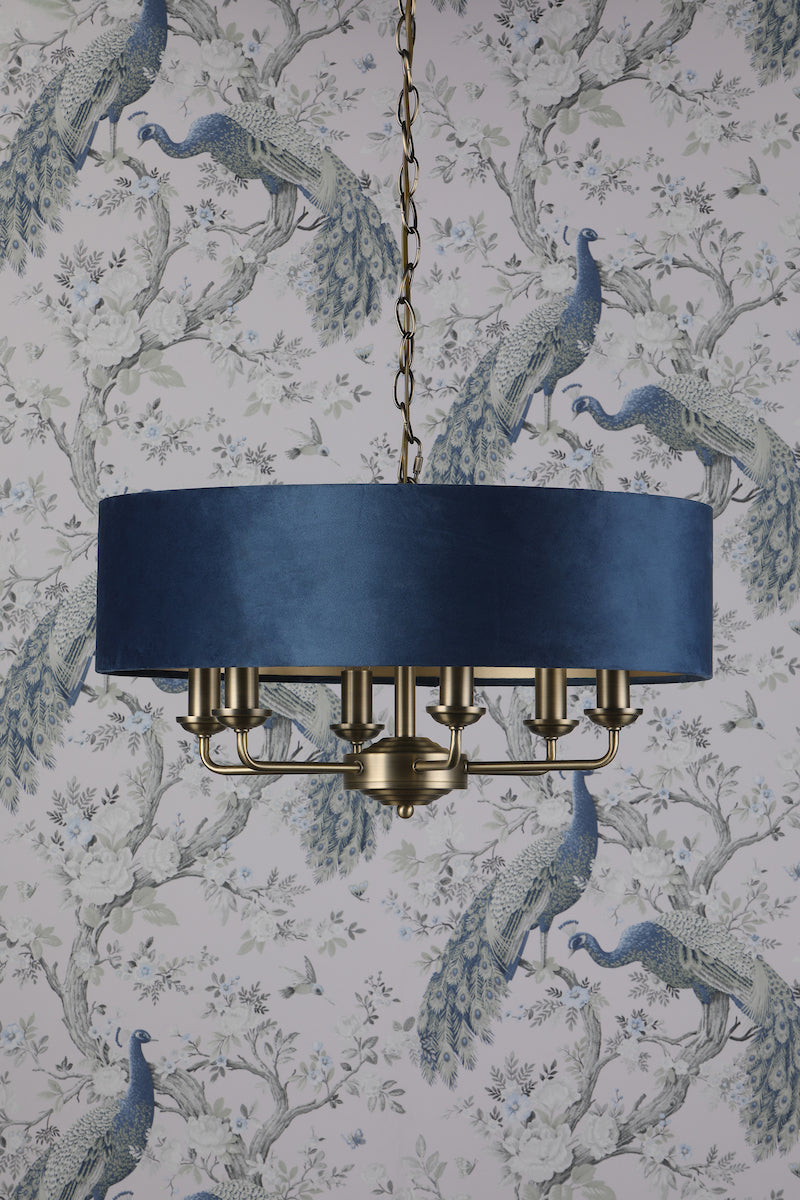 Laura Ashley Sorrento 6lt Pendant, Antique Brass & Blue Velvet – from Amos Lighting + Home