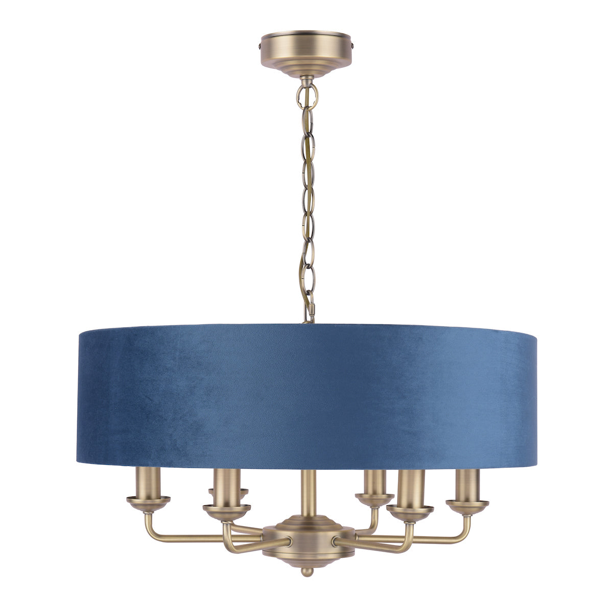 Laura Ashley Sorrento 6lt Pendant, Antique Brass & Blue Velvet – from Amos Lighting + Home