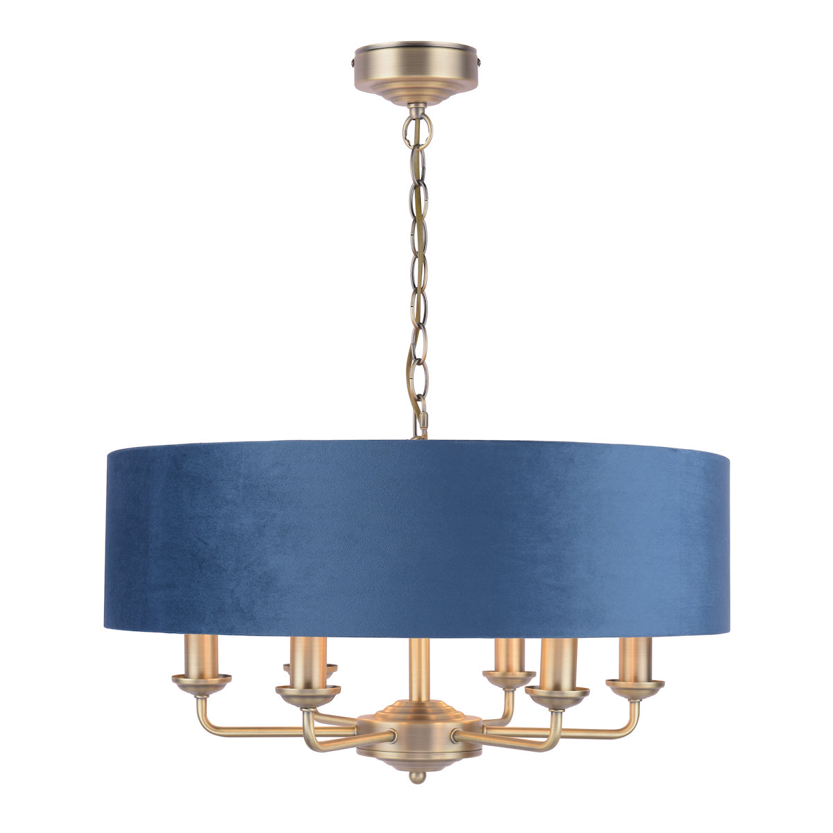 Laura Ashley Sorrento 6lt Pendant, Antique Brass & Blue Velvet – from Amos Lighting + Home