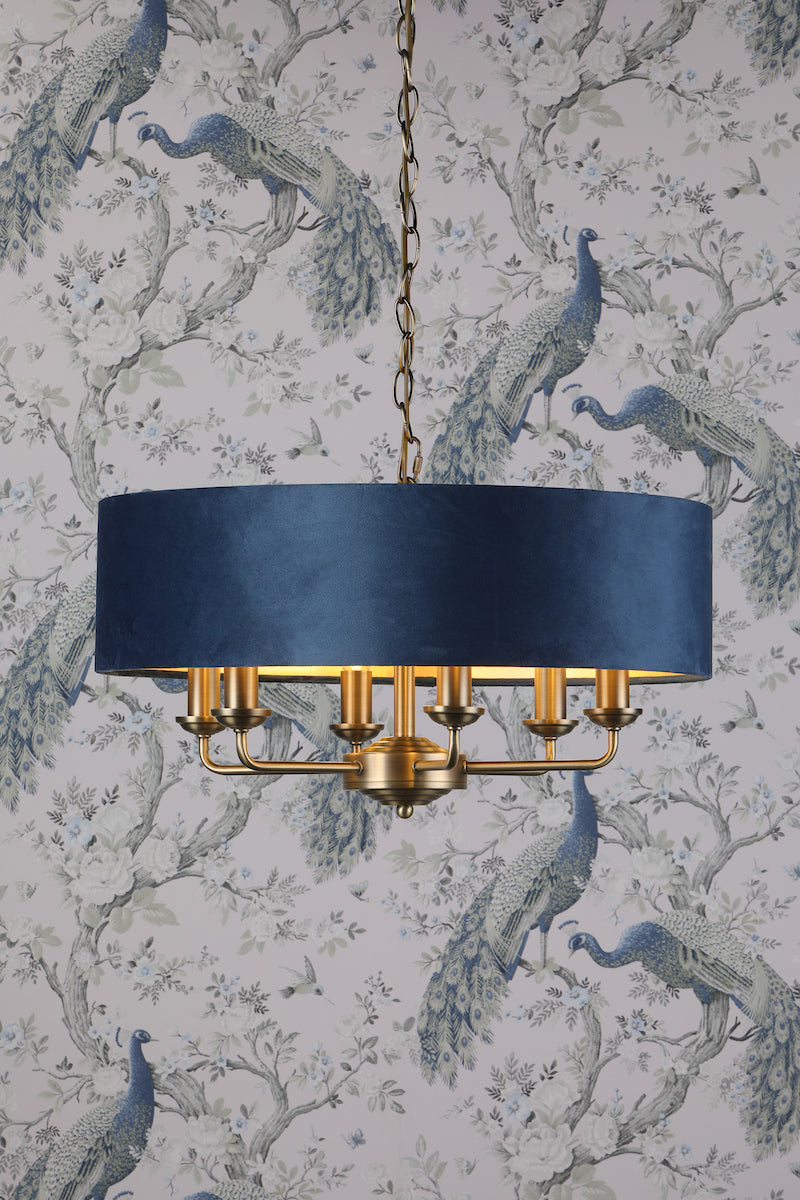 Laura Ashley Sorrento 6lt Pendant, Antique Brass & Blue Velvet – from Amos Lighting + Home