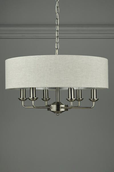 Laura Ashley Sorrento 6lt Pendant Satin Nickel with Natural Shade – from Amos Lighting + Home