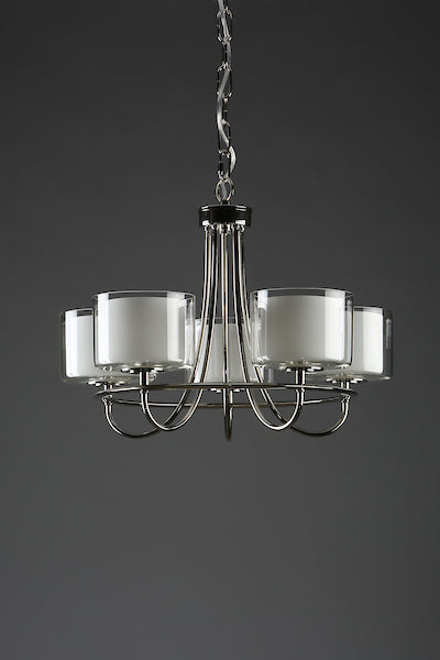 Laura Ashley Southwell 5 Light Chandelier Polished Nickel & Glass Shades – from Amos Lighting + Home