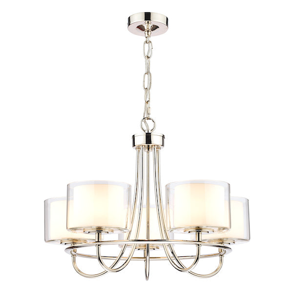 Laura Ashley Southwell 5 Light Chandelier Polished Nickel & Glass Shades – from Amos Lighting + Home