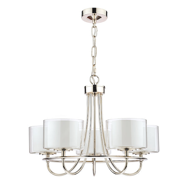 Laura Ashley Southwell 5 Light Chandelier Polished Nickel & Glass Shades – from Amos Lighting + Home