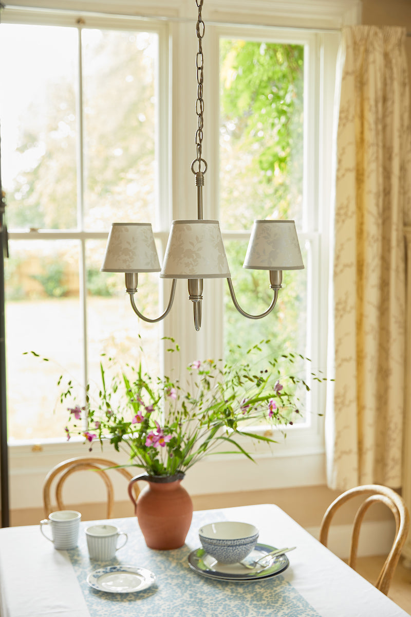 Laura Ashley Westbourne 3 Light Armed Pendant Polished Pewter With Shade – from Amos Lighting + Home