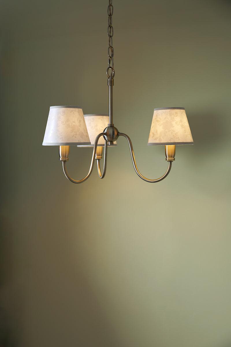 Laura Ashley Westbourne 3 Light Armed Pendant Polished Pewter With Shade – from Amos Lighting + Home