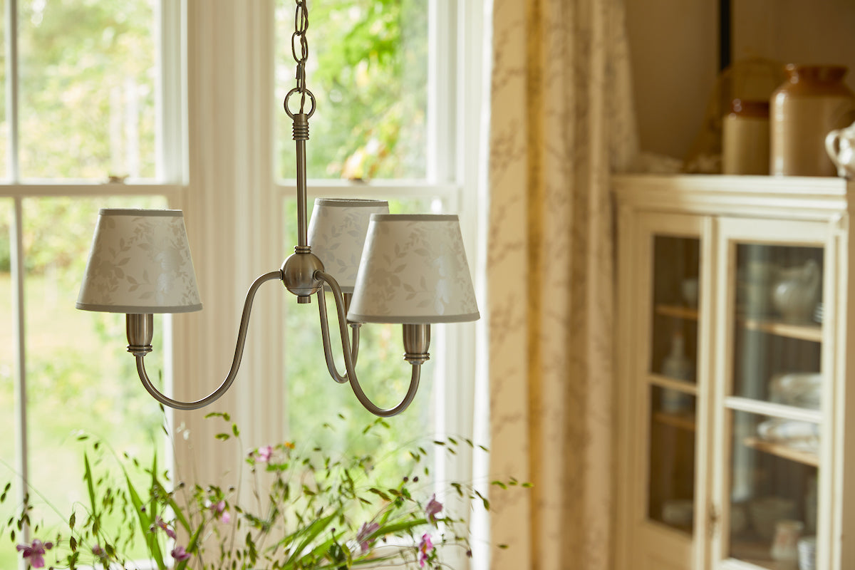 Laura Ashley Westbourne 3 Light Armed Pendant Polished Pewter With Shade – from Amos Lighting + Home