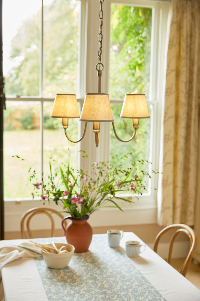 Laura Ashley Westbourne 3 Light Armed Pendant Polished Pewter With Shade – from Amos Lighting + Home