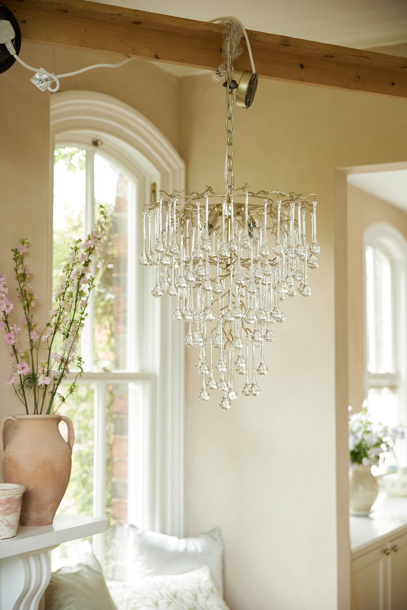 Laura Ashley Willow 4 Light Pendant Satin Champagne and Crystal – from Amos Lighting + Home