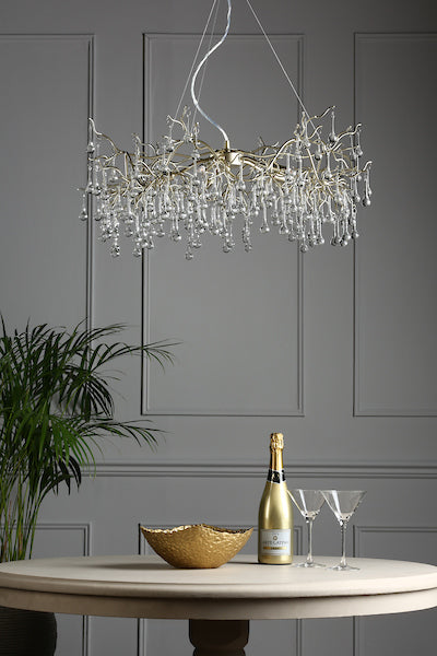 Laura Ashley Willow 5 Light Pendant Chandelier Satin Champagne with Crystal Raindrops – from Amos Lighting + Home